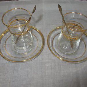 Vintage 80`s 2 Turkish Tea Coffee Glasses Gilt Design,2 Cups 2 Saucers 2 Spoons